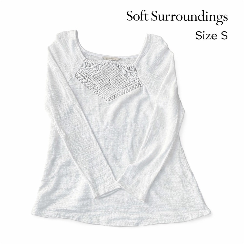 Soft Surroundings Ivory Crochet Neckline  Size S Boho Textured Tunic Long Sleeve
